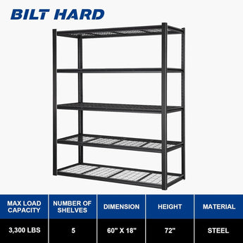 BILT HARD 60" W Garage Shelving 3300 LBS, 72" H x 18" D Storage Shelves, Heavy Duty 5-Tier Metal Shelving Units with Adjustable Shelf, Steel Wire Utility Shelving 