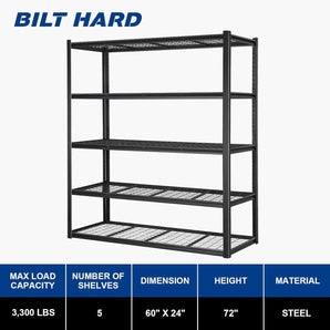 BILT HARD 60" W x 24" D Garage Shelving 3300 LBS, 72" H Storage Shelves, Heavy Duty 5-Tier Metal Shelving Units with Adjustable Shelf, Steel Wire Utility Shelving 