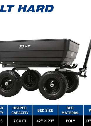 BILT HARD 7 Cu.Ft. 13 No-Flat Tires Poly Yard Dump Cart with 2-in-1 Convertible Handle, 1200 lbs Capacity Heavy Duty Garden Carts and Wagons Black 