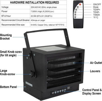 BILT HARD 7500W Electric Garage Heater, 240V Digital Fan-Forced Ceiling Mount Heater with Remote, Hardwired Shop Garage Heater with Thermostat, Overheat Protection, Timer, Ideal for Workshop 