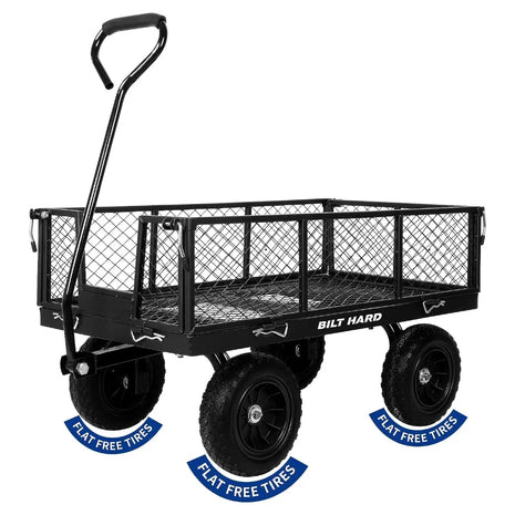 BILT HARD 880 lbs 10" Flat Free Tires Steel Garden Cart with 180° Rotating Handle and Removable Sides, Heavy Duty 4 Cu.Ft Capacity Utility Garden Carts and Wagons 