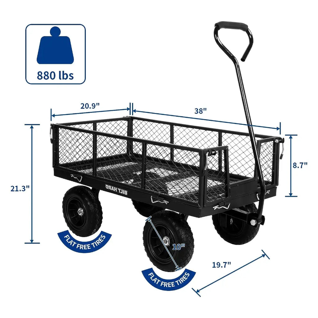 BILT HARD 880 lbs 10" Flat Free Tires Steel Garden Cart with 180° Rotating Handle and Removable Sides, Heavy Duty 4 Cu.Ft Capacity Utility Garden Carts and Wagons 