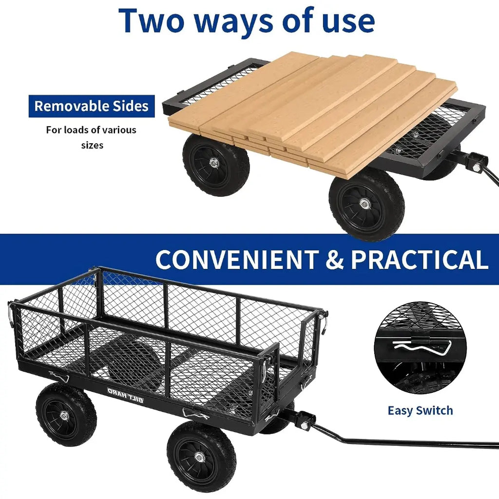 BILT HARD 880 lbs 10" Flat Free Tires Steel Garden Cart with 180° Rotating Handle and Removable Sides, Heavy Duty 4 Cu.Ft Capacity Utility Garden Carts and Wagons 