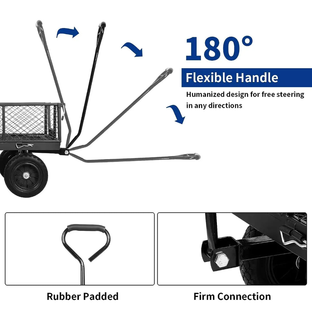 BILT HARD 880 lbs 10" Flat Free Tires Steel Garden Cart with 180° Rotating Handle and Removable Sides, Heavy Duty 4 Cu.Ft Capacity Utility Garden Carts and Wagons 