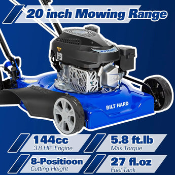 BILT HARD Gas Lawn Mower 20 inch, 144cc 4-Cycle OHV Engine Cordless Lawnmower, 8 Adjustable Cutting Heights Push Mowers for Lawn, Yard and Garden 