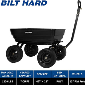 BILT HARD Poly Garden Dump Cart 1200 lbs with No Flat Tires, Quick Release, 2-in-1 Convertible Handle, 7 Cu Ft Dump Wagon Heavy Duty for Yard, Outdoor 