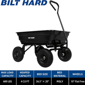 BILT HARD Poly Garden Dump Cart 600 lbs with No Flat Tires, Quick Release, 4 Cu Ft Dump Wagon Heavy Duty for Yard, Outdoor 