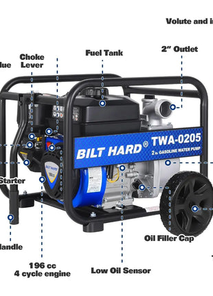 BILT HARD Semi Trash Pump 2 inch, 158 GPM 6.5HP Gas Powered Water Pump 196cc, Fitted with Handle and Wheels 