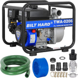 BILT HARD Semi Trash Pump 2 inch, 158 GPM 6.5HP Gas Powered Water Pump, 196cc 4-Cycle Engine with 50 ft Discharge Hose, 12 ft Suction Hose and Complete Fittings, EPA Certified 