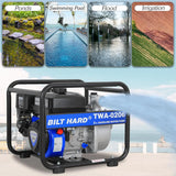 BILT HARD Semi Trash Pump 2 inch, 158 GPM 6.5HP Gas Powered Water Pump, 196cc 4-Cycle Engine with 50 ft Discharge Hose, 12 ft Suction Hose and Complete Fittings, EPA Certified 