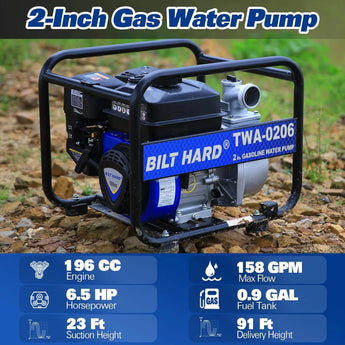 BILT HARD Semi Trash Pump 2 inch, 158 GPM 6.5HP Gas Powered Water Pump, 196cc 4-Cycle Engine with 50 ft Discharge Hose, 12 ft Suction Hose and Complete Fittings, EPA Certified 