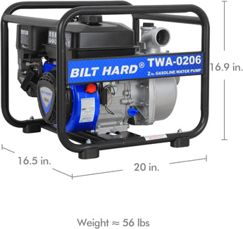 BILT HARD Semi Trash Pump 2 inch, 158 GPM 6.5HP Gas Powered Water Pump, 196cc 4-Cycle Engine with 50 ft Discharge Hose, 12 ft Suction Hose and Complete Fittings, EPA Certified 