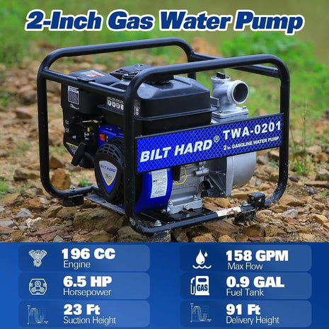 BILT HARD Semi Trash Pump 2 inch, 158 GPM 6.5HP Gas Powered Water Pump, 196cc 4-Cycle Engine with 50 ft Discharge Hose, 12 ft Suction Hose and Complete Fittings, EPA Certified 