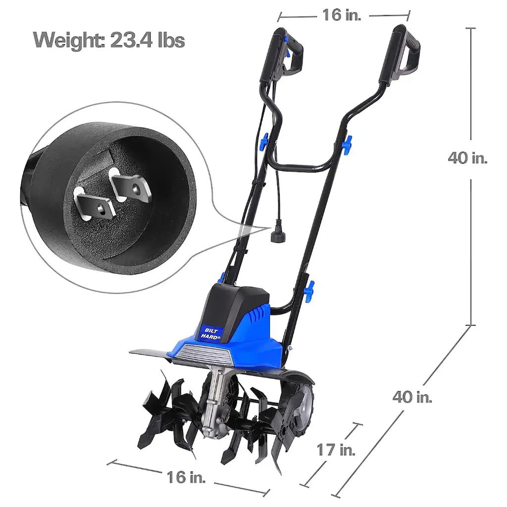 BILT HARD Tiller Cultivator 16 inch, 13.5 Amp 6 Steel Tines Tillers for Gardening Foldable, Electric Garden Rototiller with Adjustable Wheels 