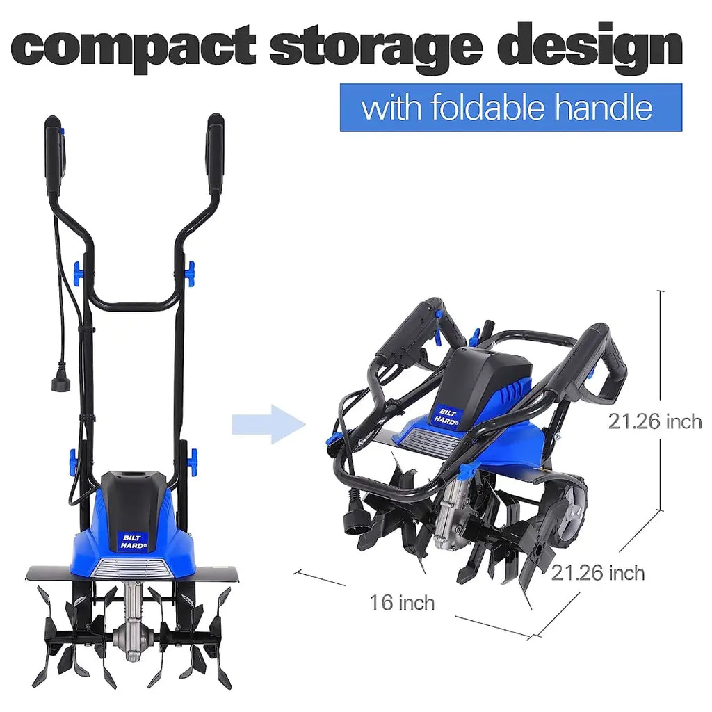 BILT HARD Tiller Cultivator 16 inch, 13.5 Amp 6 Steel Tines Tillers for Gardening Foldable, Electric Garden Rototiller with Adjustable Wheels 