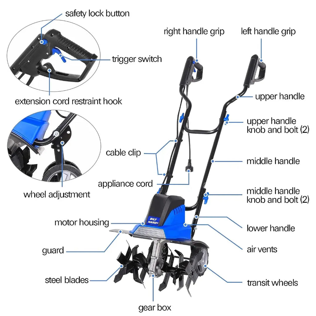 BILT HARD Tiller Cultivator 16 inch, 13.5 Amp 6 Steel Tines Tillers for Gardening Foldable, Electric Garden Rototiller with Adjustable Wheels 