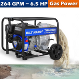 BILT HARD Trash Pump 3 inch, 264 GPM 6.5HP Gas Powered Full Trash Water Pump with Handle and Wheels, 50 ft Discharge Hose, 15 ft Suction Hose with Complete Fittings 