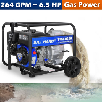 BILT HARD Trash Pump 3 inch, 264 GPM 6.5HP Gas Powered Full Trash Water Pump with Handle and Wheels, 50 ft Discharge Hose, 15 ft Suction Hose with Complete Fittings 