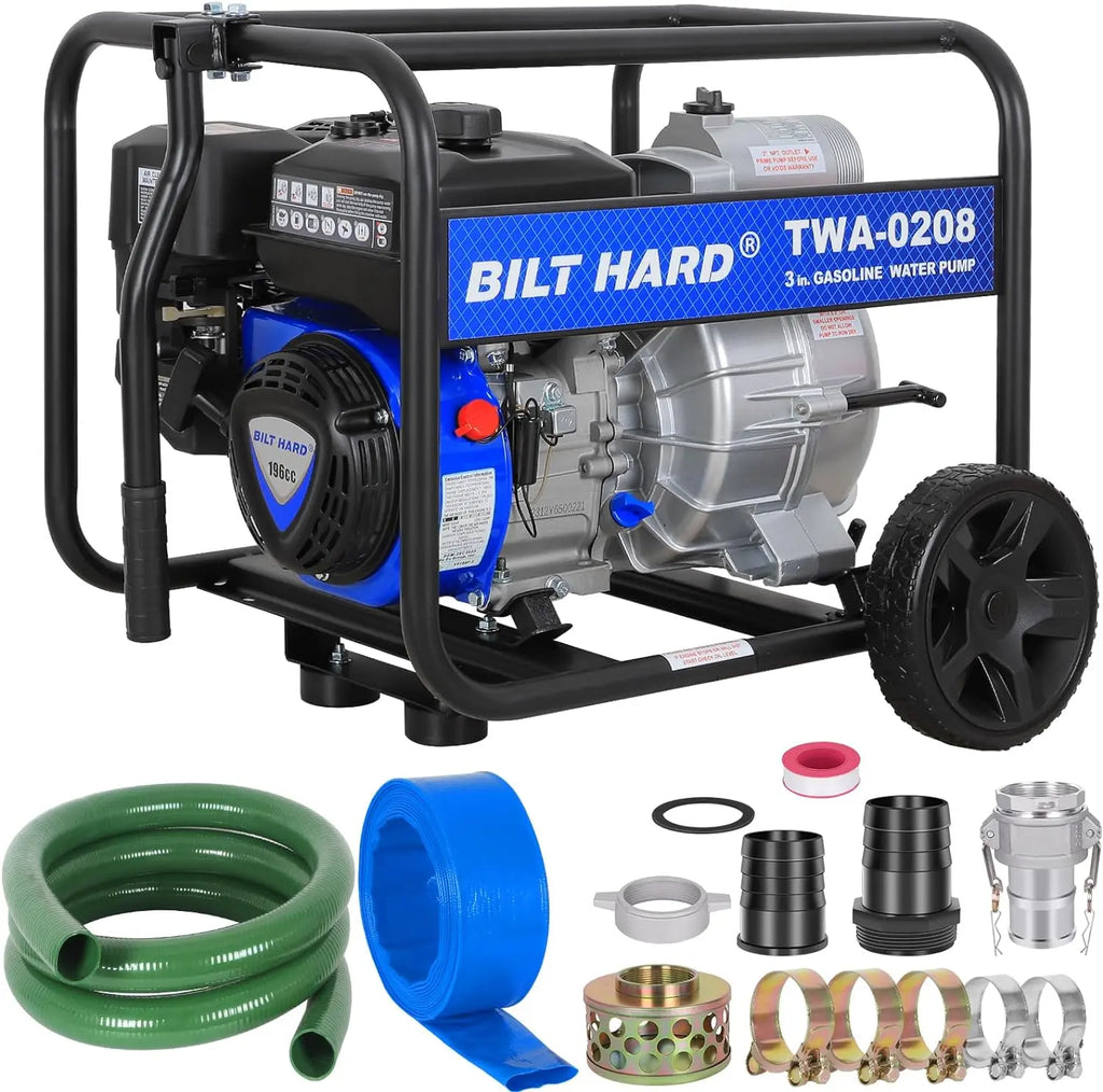 BILT HARD Trash Pump 3 inch, 264 GPM 6.5HP Gas Powered Full Trash Water Pump with Handle and Wheels, 50 ft Discharge Hose, 15 ft Suction Hose with Complete Fittings 