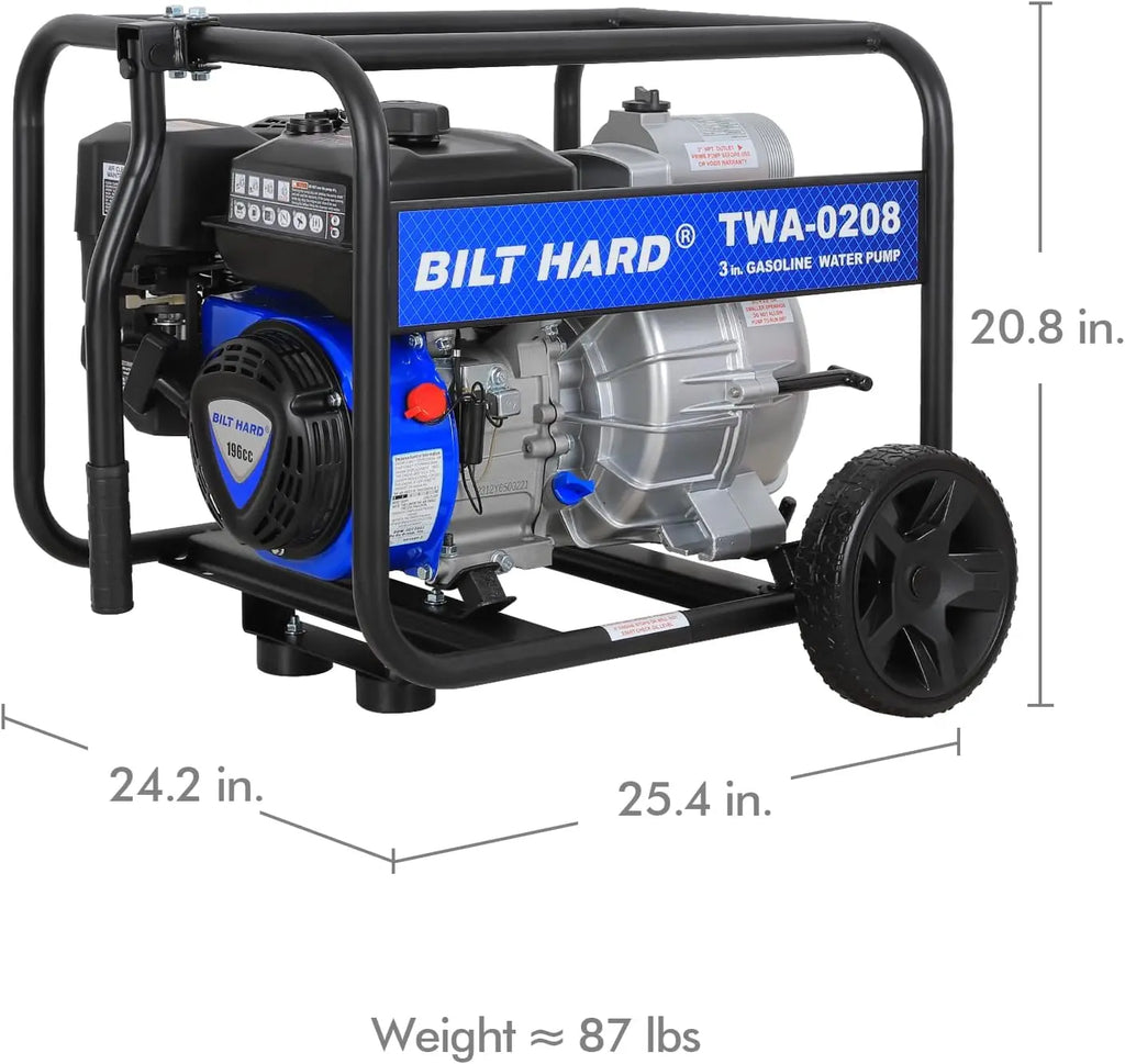 BILT HARD Trash Pump 3 inch, 264 GPM 6.5HP Gas Powered Full Trash Water Pump with Handle and Wheels, 50 ft Discharge Hose, 15 ft Suction Hose with Complete Fittings 