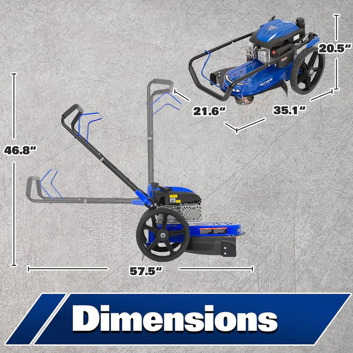 BILT HARD Walk Behind String Trimmer, 170cc 4-Cycle Gas Brush Hog Mower, 22 Inch Cutting Diameter, Push Weed Eater with 14 Inch Flat Free Wheels, Brush Cutter 