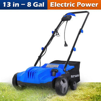 Electric-Powered Dethatcher Scarifier with 12 Amp Copper Motor, 13-inch Raking Width, 8-Gallon Thatch Bag. 2-in-1 Walk-Behind Thatch Removing Machine 
