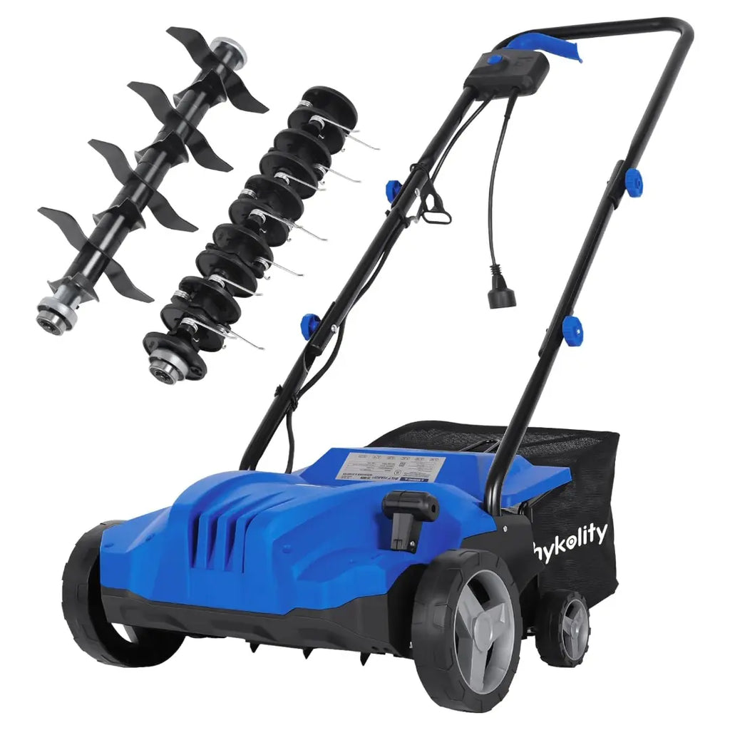 Electric-Powered Dethatcher Scarifier with 12 Amp Copper Motor, 13-inch Raking Width, 8-Gallon Thatch Bag. 2-in-1 Walk-Behind Thatch Removing Machine 