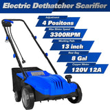Electric-Powered Dethatcher Scarifier with 12 Amp Copper Motor, 13-inch Raking Width, 8-Gallon Thatch Bag. 2-in-1 Walk-Behind Thatch Removing Machine 