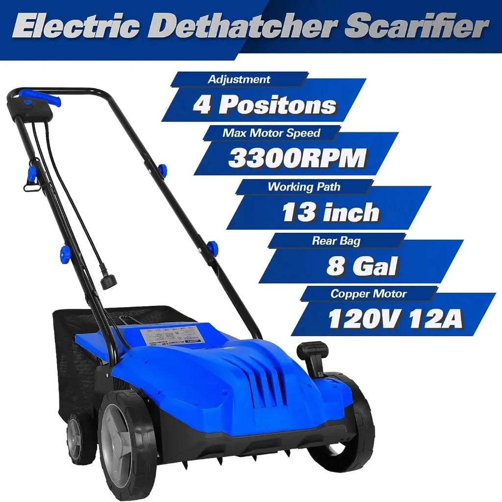 Electric-Powered Dethatcher Scarifier with 12 Amp Copper Motor, 13-inch Raking Width, 8-Gallon Thatch Bag. 2-in-1 Walk-Behind Thatch Removing Machine 