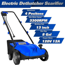 Load image into Gallery viewer, Electric-Powered Dethatcher Scarifier with 12 Amp Copper Motor, 13-inch Raking Width, 8-Gallon Thatch Bag. 2-in-1 Walk-Behind Thatch Removing Machine 