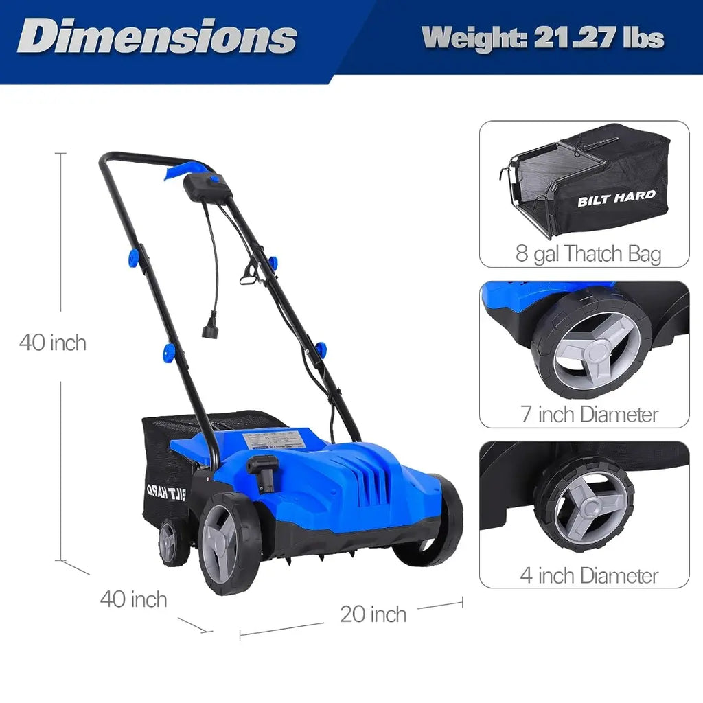 Electric-Powered Dethatcher Scarifier with 12 Amp Copper Motor, 13-inch Raking Width, 8-Gallon Thatch Bag. 2-in-1 Walk-Behind Thatch Removing Machine 