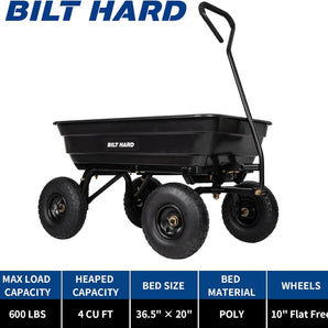 BILT HARD 600 lbs Poly Garden Dump Cart with 180° Rotating Handle, 4 Cu.Ft. Capacity Heavy Duty Garden Carts with No Flat Tires for Yard, Outdoor