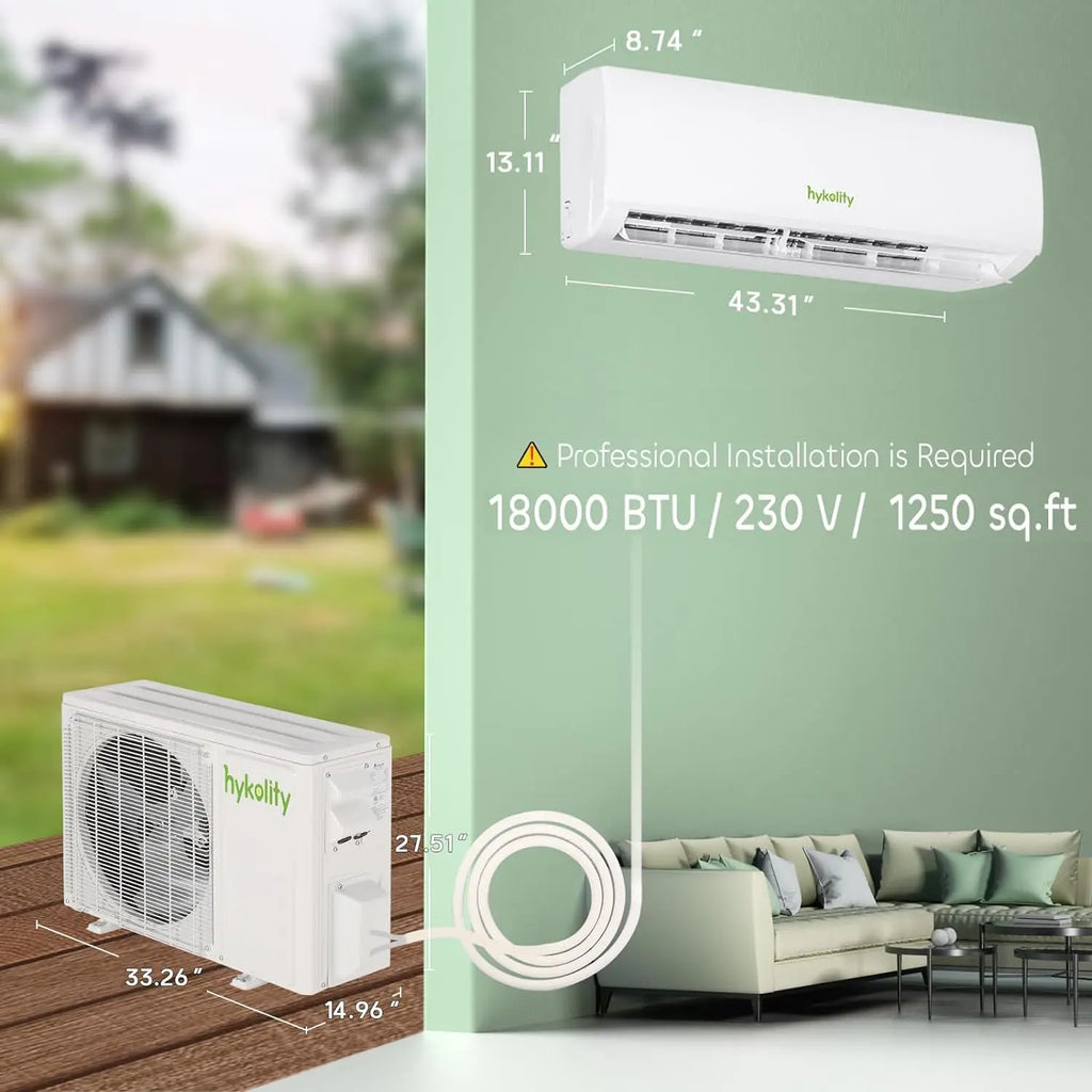 HYKOLITY Wifi Enabled 18,000 BTU Mini Split Air Conditioner & Heater, 19 SEER2 230V Split AC Unit Ductless Inverter System with Heat Pump, Installation Kits - Cools Rooms up to 1250 Sq.Ft 