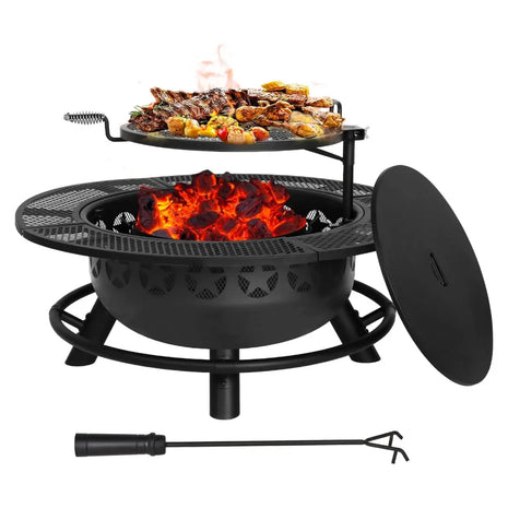 Hykolity 35 Inch Fire Pit with Cooking Grate & Charcoal Pan, Outdoor Wood Burning BBQ Grill Firepit Bowl with Cover Lid, Steel Round Table 