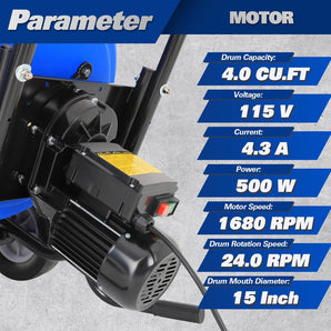BILT HARD 4 Cu.Ft. Electric Cement Mixer, Poly Drum Concrete Mixer Heavy Duty, Portable Power Cement Mixing Tools for Stucco, Mortar, Fodder