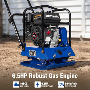 BILT HARD 3500 lbs Plate Compactor, 196cc 6.5HP Engine with 5700 VPM, 12" Compaction Depth & 18"x14" Steel Plate Tamper for Dirt, Gravel, Asphalt, Concrete, Landscaping
