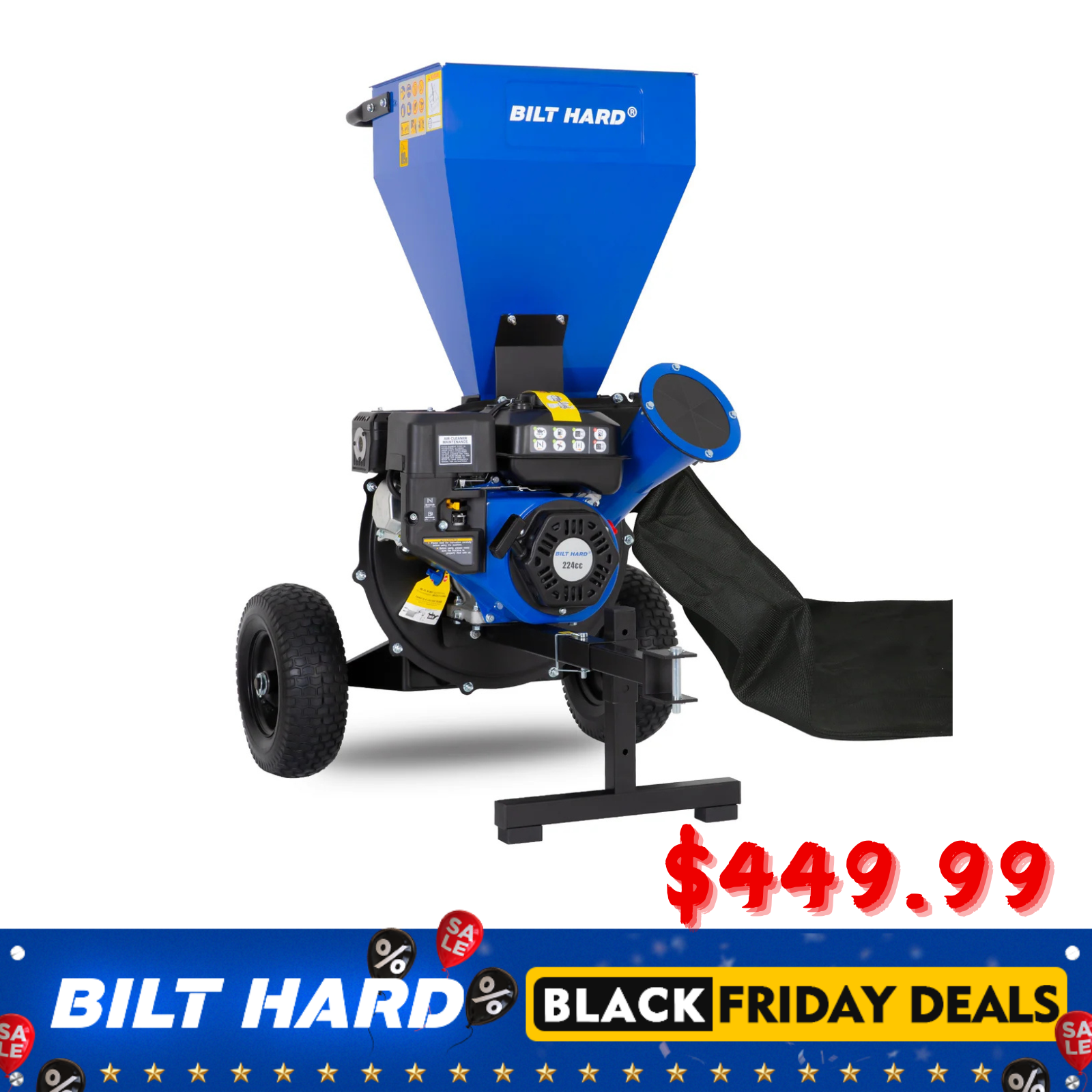 BILT HARD 224cc 7.5hp Gas Powered Wood Chipper with Tow Hitch