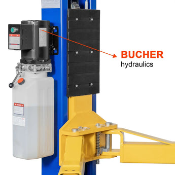 11,000 lbs two-post automotive lift with 220V 3HP motor and dual-point lock release