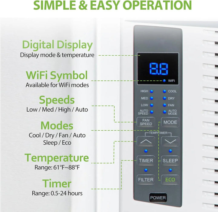 WiFi Enabled 6,000 BTU Window Air Conditioner, Smart Window AC Unit with Remote, Energy Saving, Easy Install Kit, Cools up to 250 Square Feet 