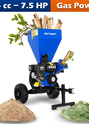 BILT HARD Wood Chipper - 7.5 HP 224cc Gas Powered Shredder Mulcher, 3 in 1 Multi-Function Heavy Duty, 3" Max Wood Diameter Capacity with Collection Bag