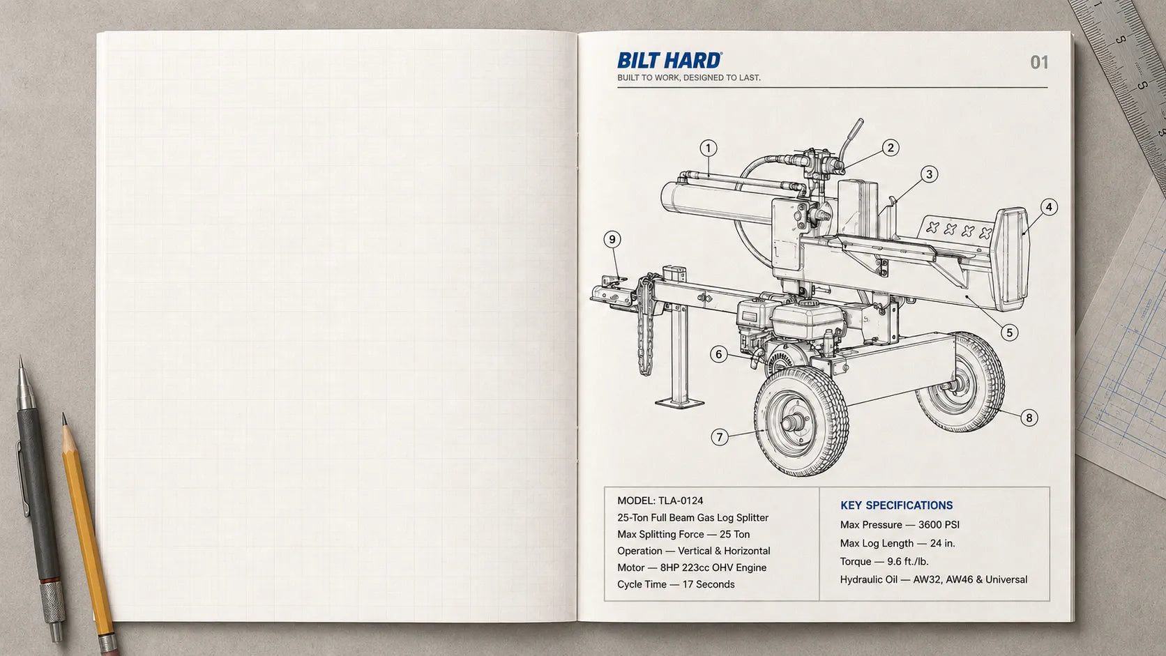 Open BILT HARD product manual with log splitter technical illustration