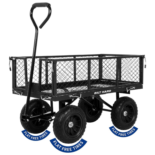 BILT HARD 400 lbs 10" Flat Free Tires Steel Garden Cart with 180° Rotating Handle and Removable Sides, 4 Cu.Ft Capacity Utility Heavy Duty Garden Carts and Wagons