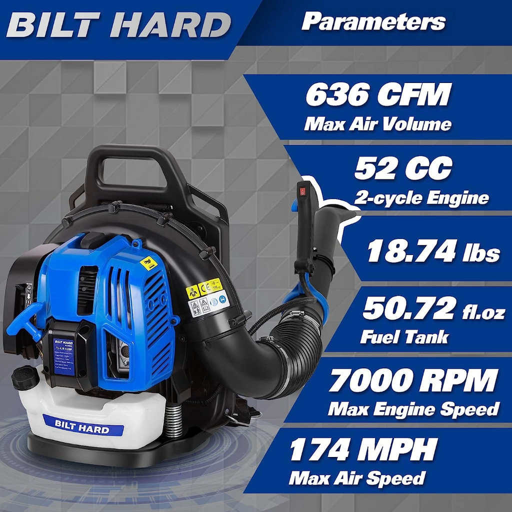 BILT HARD Backpack Leaf Blower, 636 CFM 52cc Blowers for Lawn Care 2.16 HP, 174 MPH Portable Leaf Blower Gas Powered 