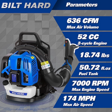 Load image into Gallery viewer, BILT HARD Backpack Leaf Blower, 636 CFM 52cc Blowers for Lawn Care 2.16 HP, 174 MPH Portable Leaf Blower Gas Powered 