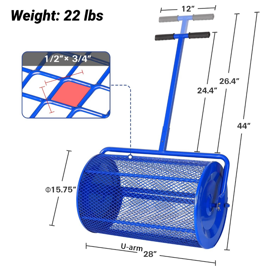 BILT HARD Peat Moss Spreader, 24 in Compost Spreader for Lawn and Garden, Heavy Duty Metal Mesh Basket Topdressing Roller, Spreading Dirt, Mulch and Soil 